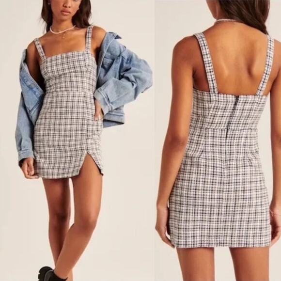Abercrombie & Fitch Tweed Mini Dress Small Blue Plaid Square Neck Preppy 90s Y2K - Picture 1 of 14